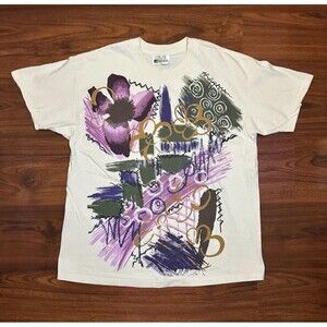 VTG 90s Jacques Moret Art T Shirt Men’s Size XL Ivory White AOP Single Stitch